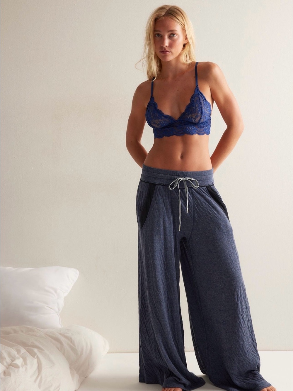 Free People Wait A Minute Wide Leg Pants in Navy Heather Combo NWT